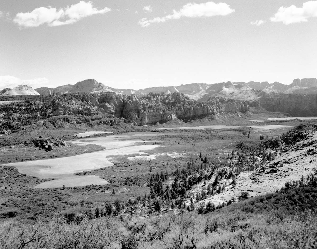 View from Spendlove Knoll looking southeast down Lee Valley, private holdings in park, West Temple in distance.