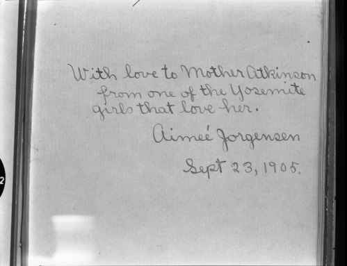 Autograph of Aimee Jorgensen, daughter of Chris Jorgensen in the autograph book of Nellie Atkinson. Copied courtesy Bonnie Douthit. Copied October 1980 by Michael Dixon.