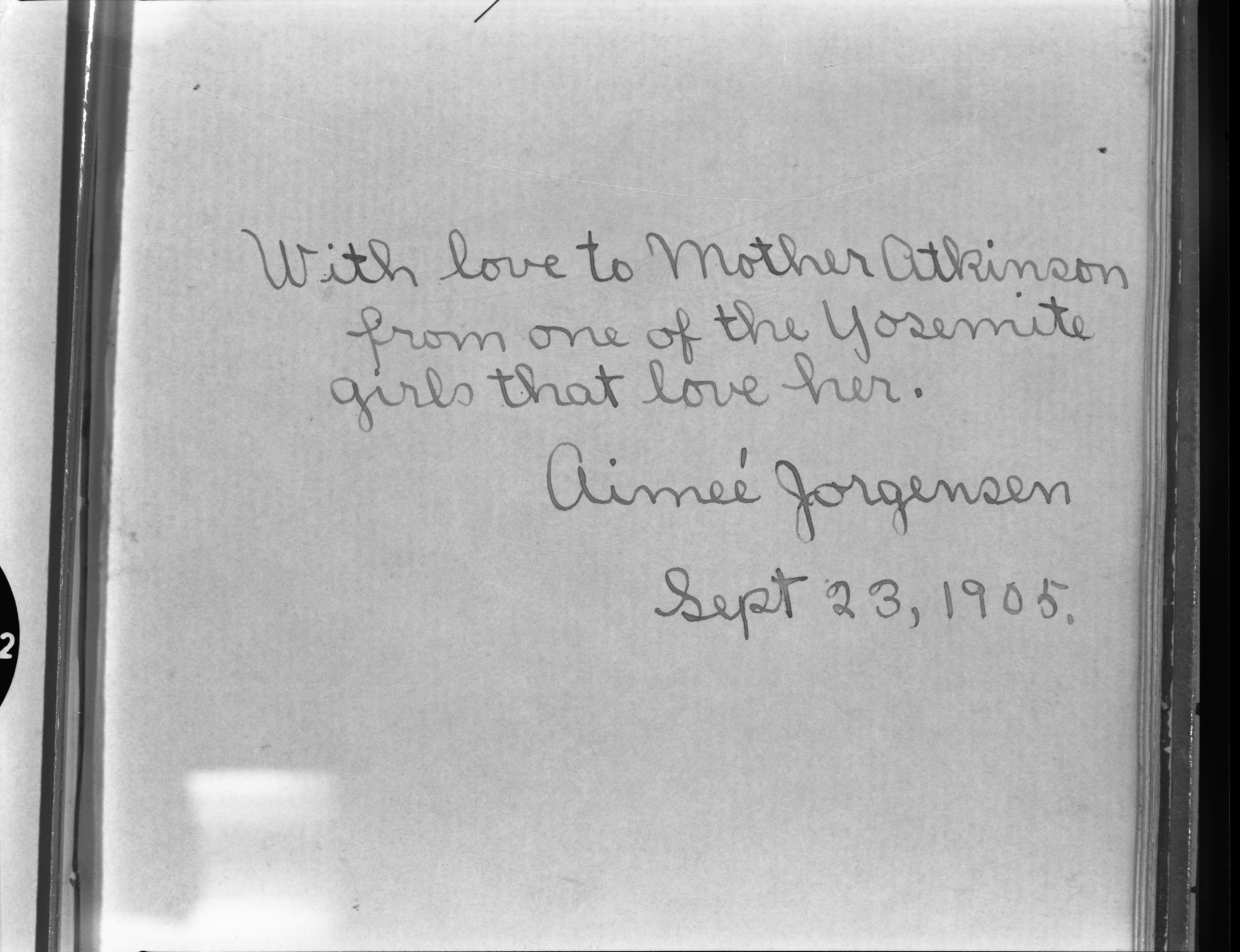 Autograph of Aimee Jorgensen, daughter of Chris Jorgensen in the autograph book of Nellie Atkinson. Copied courtesy Bonnie Douthit. Copied October 1980 by Michael Dixon.