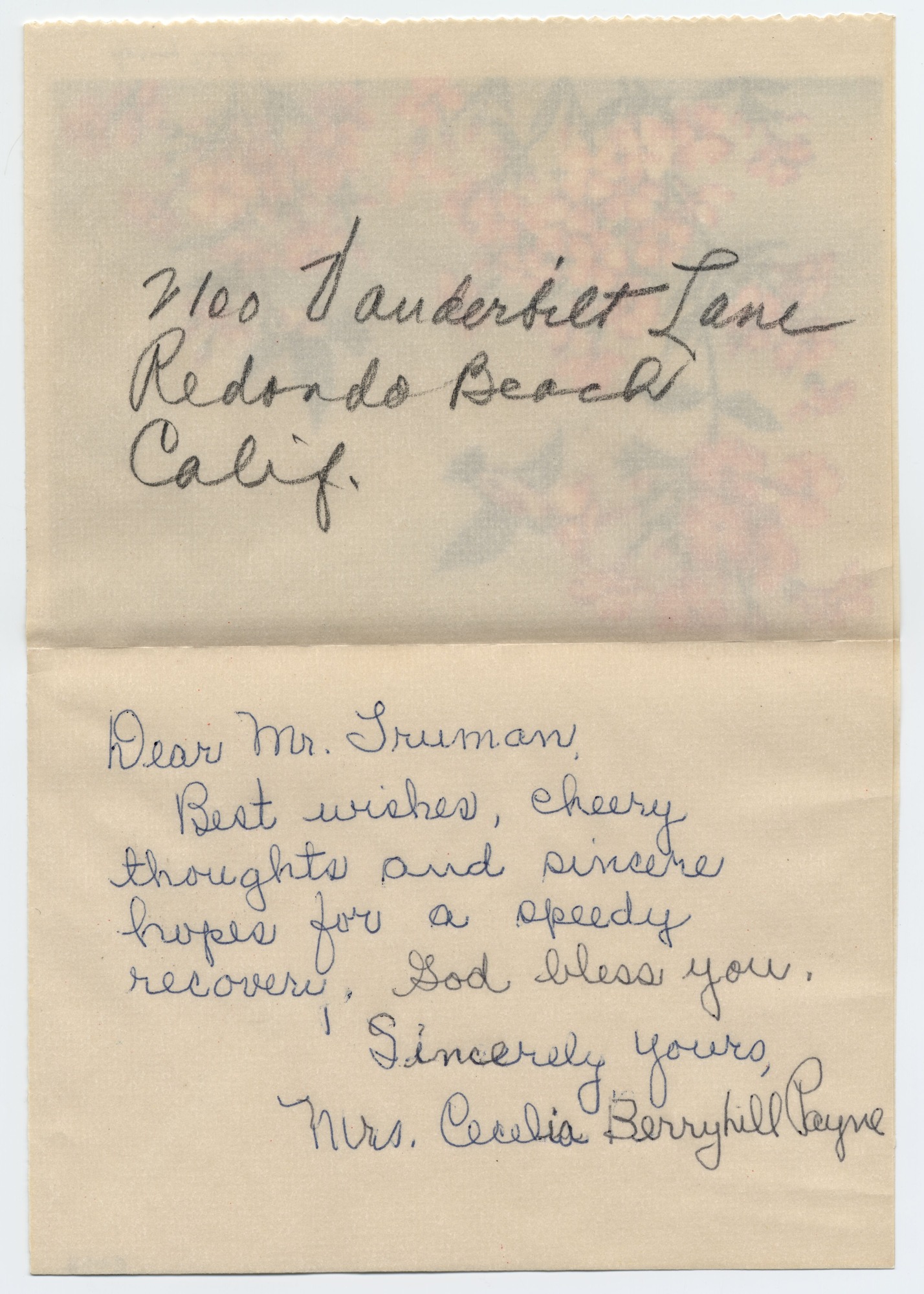 A card with an illustration of flowers and birds on the front. Inside is a note written in blue ink and an address written in pencil.