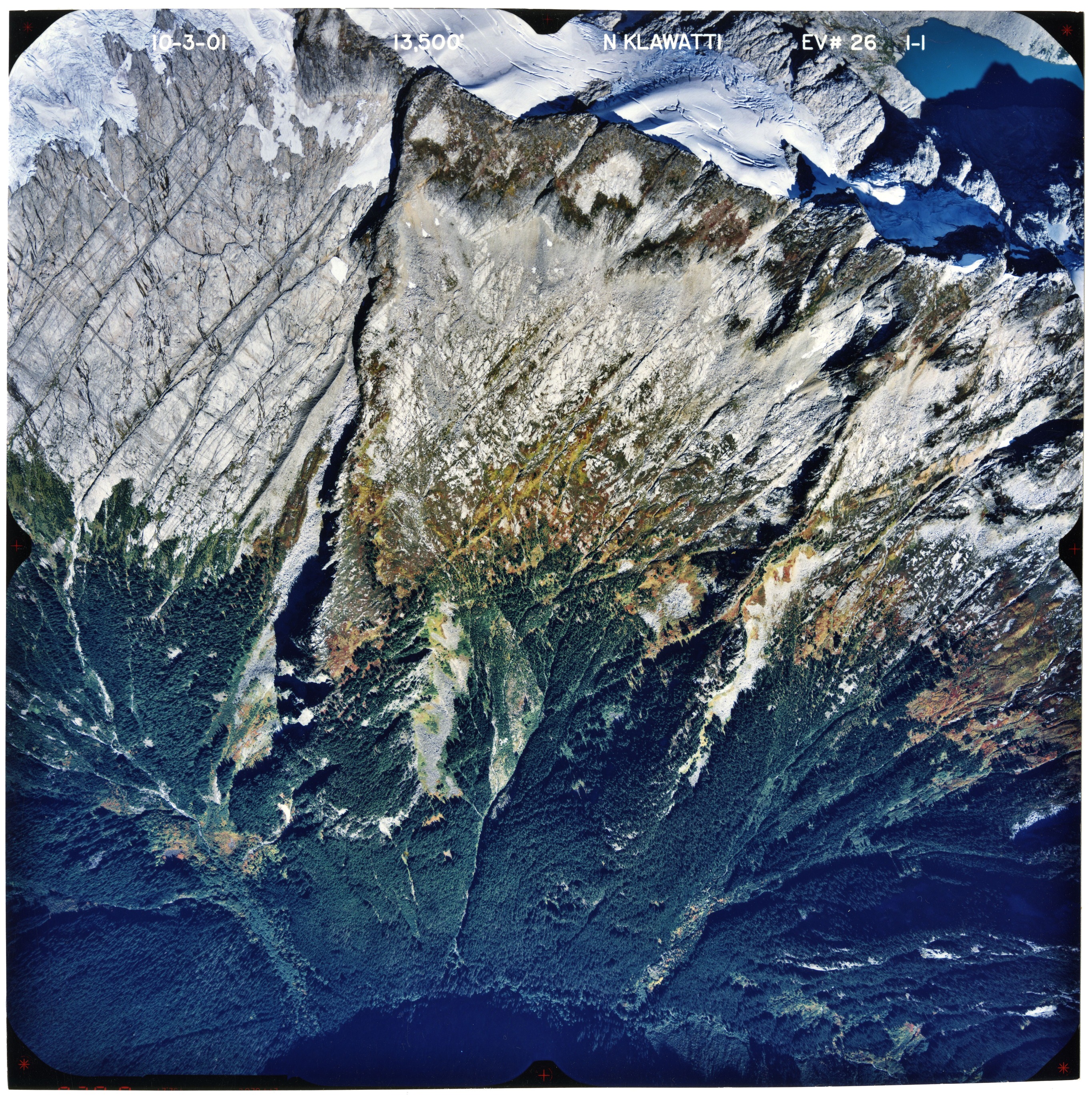 Color aerial photograph of glacier, snowfields, and alpine lake on mountain peak with forested valleys below.
