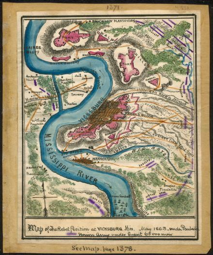 Map of Vicksburg that shows forts and troop arrangements.