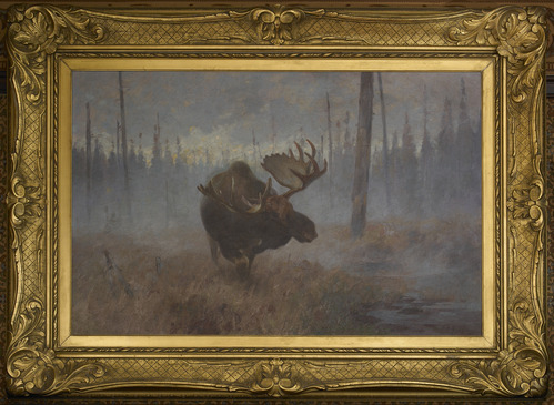A painting of a moose charging towards the viewer with its head down. The painting is done in a style similar to impressionism with soft, blurry strokes. The painting has a forest in the background, a light blue stream, and a yellow grass field. Many trees are bare and dead.