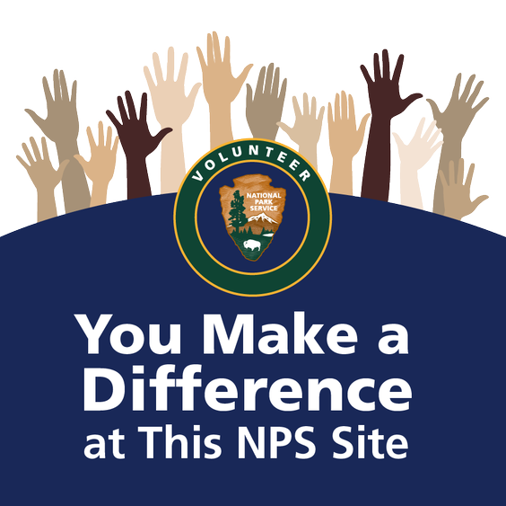 An electronic card graphic with the words "You Make a Difference at This NPS Site" against a dark blue background. Above the words is a circular graphic for National Park Service Volunteer. Above the blue background is a line of raised hands extending up toward the top of the graphic.