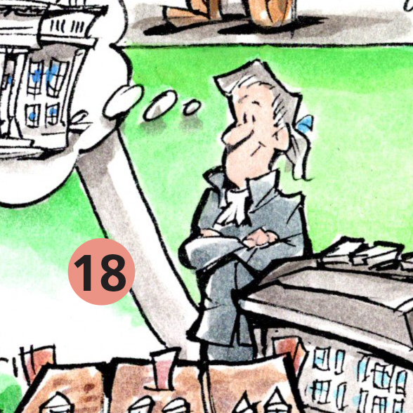 Cartoon drawing of a man with his hair pulled back into a ponytail wearing a grey coat.