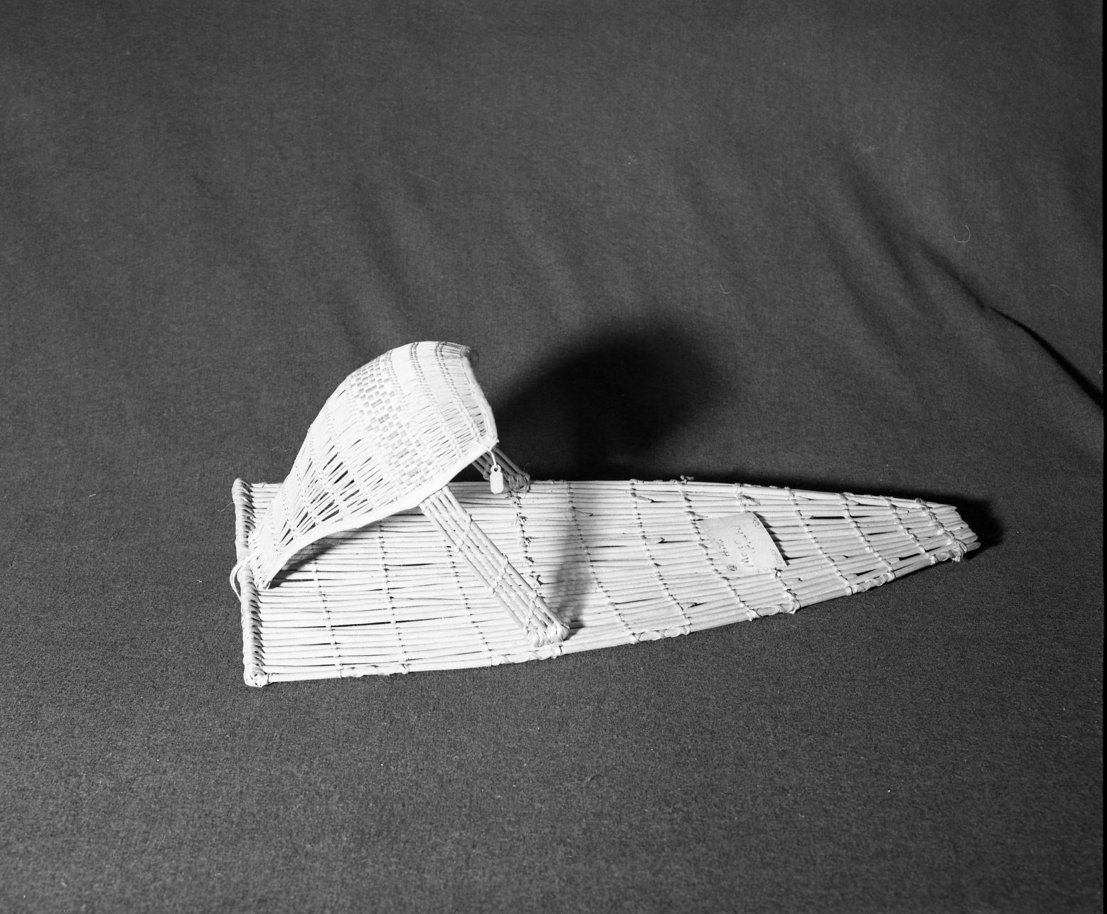 Marie Rozier Collection, Catalog No. 38. Object: Model Paiute cradle basket. Dimensions: 24 x 9 1/2". Materials: willow, cotton cloth, embroidery floss. Technology: backboard plain twined, hood diagonally twined, up to right slant of turns. Collection History: Purchased in Ella Cane's store in Bridgeport for $10 in 1950s. Photographed by Michael Dixon, Dec. 1982. Catalogued by Craig Bates and Barbara Beroza. Yosemite Collections, National Park Service.