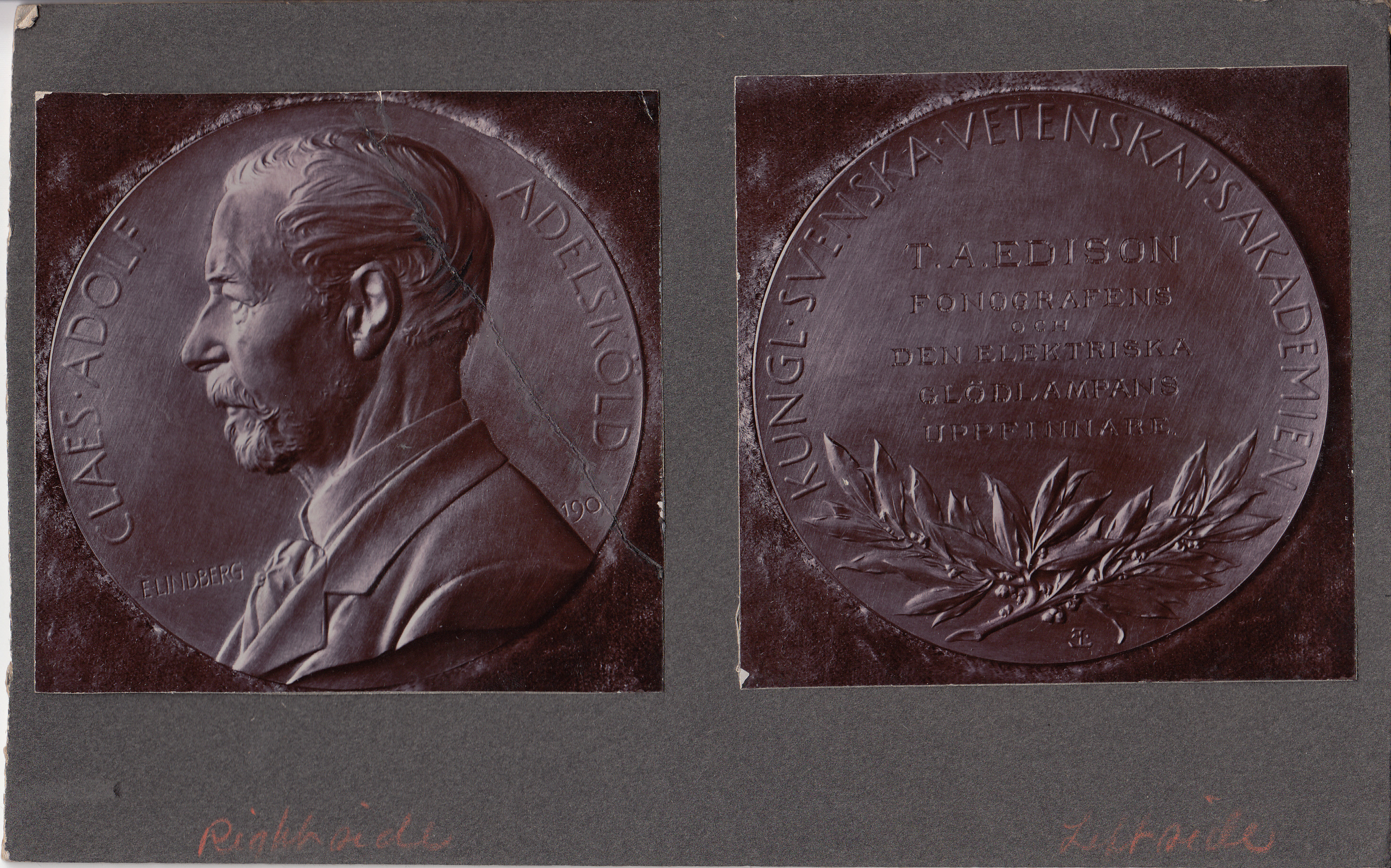 Swedish medal given to Thomas Edison for his Phonograph, two views.