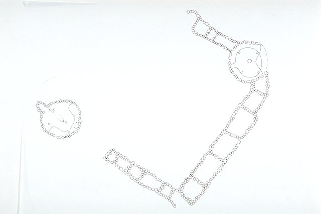 Aerial view of the ruins of Tusayan Pueblo showing the remains of Kiva A, Kiva B, living quarters, and storage rooms.