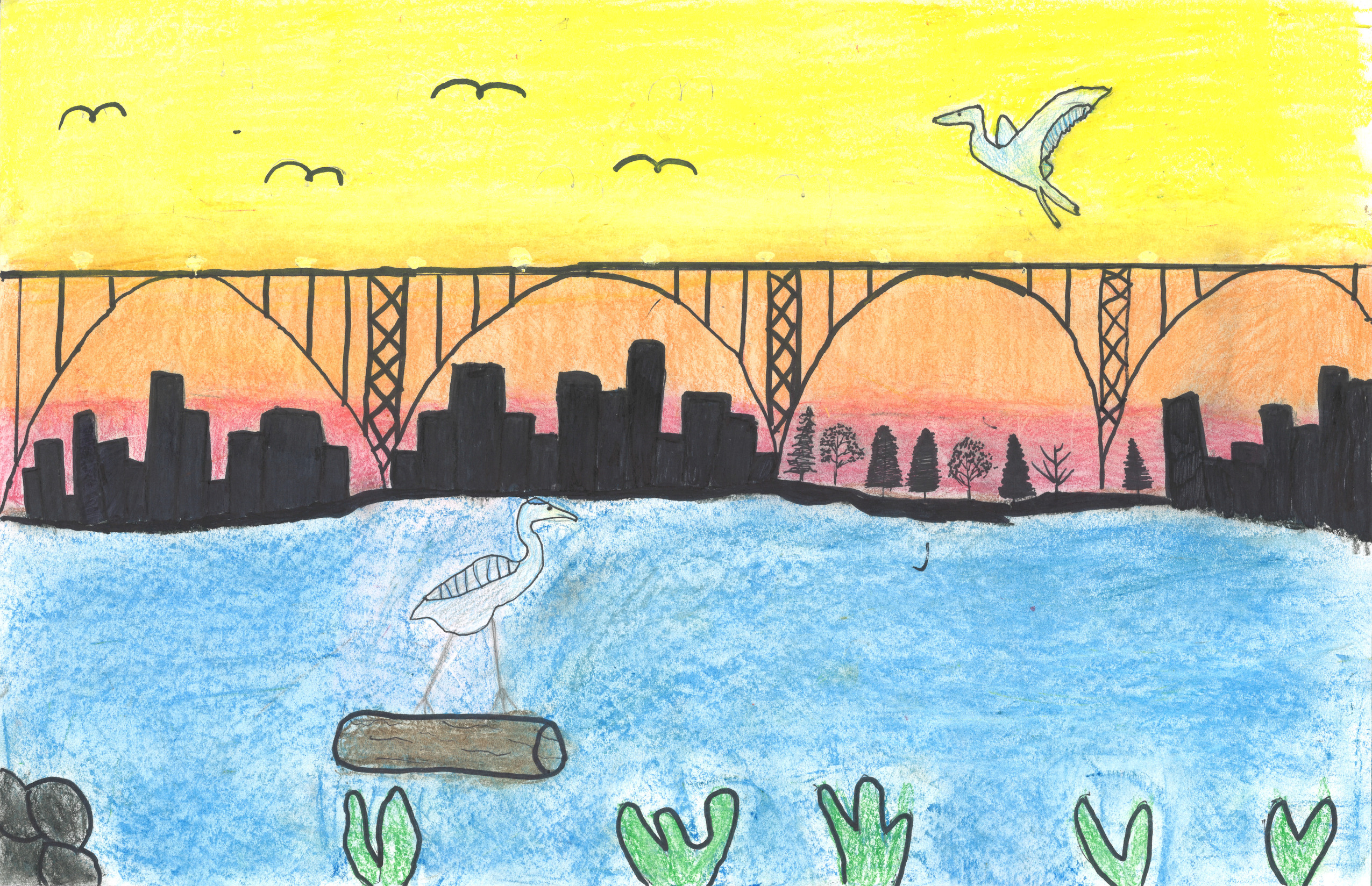 A drawing of a river with a bridge and city in the background. 