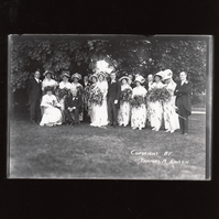 Madeleine Edison and John Eyre Sloane at their wedding with Thomas Edison, Mina Edison, and others on lawn of Glenmont.