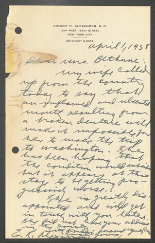 Handwritten letter form Earnest R Alexander to Mary McLeod Bethune, April 1, 1938
