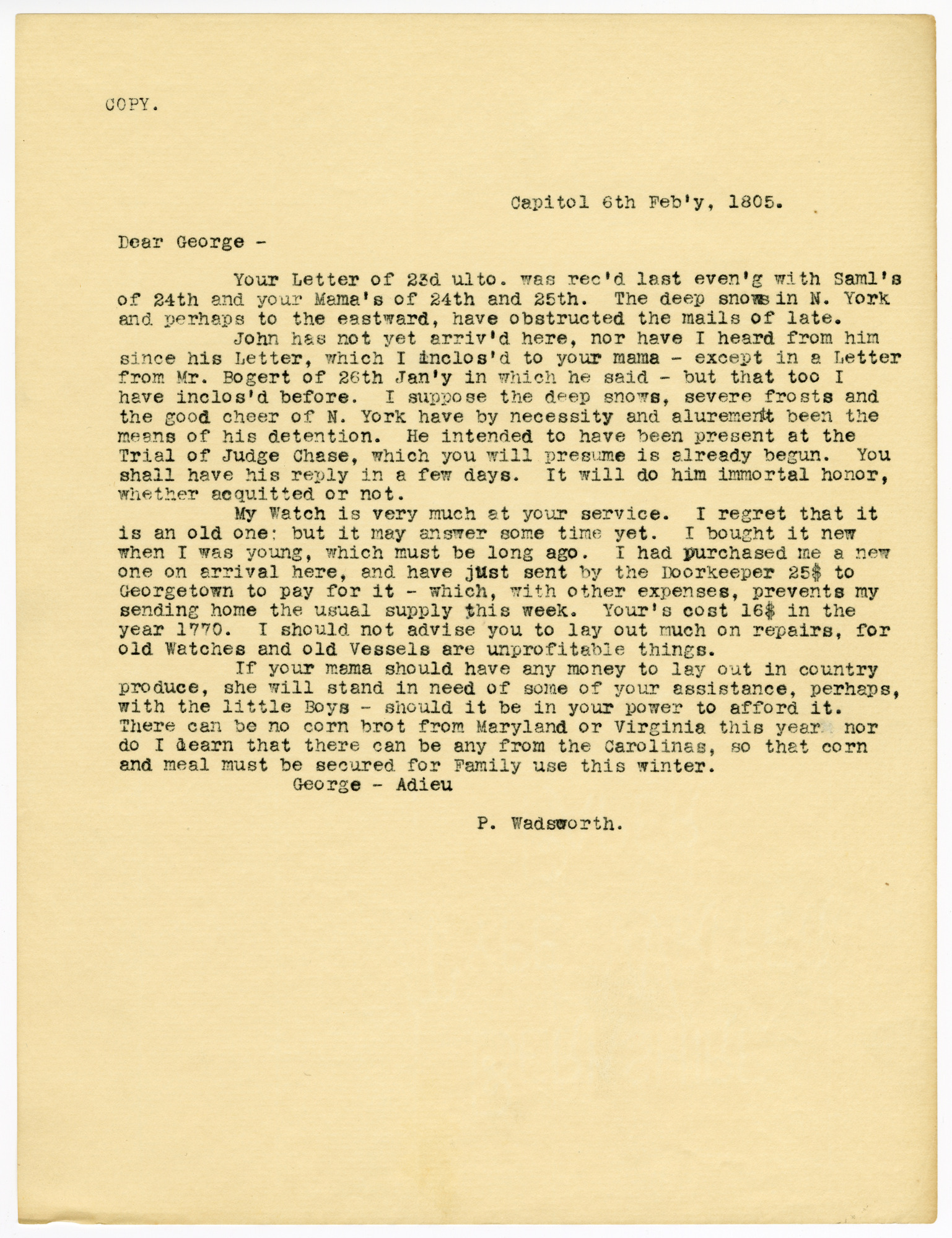 Typed copy of 1805 letter