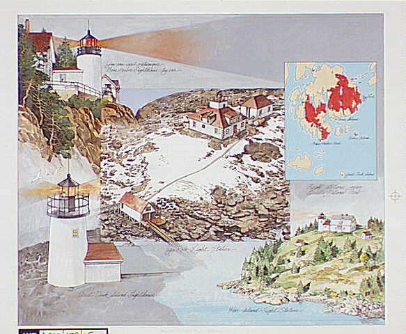 Montage of Acadian Lights (counter clockwise from top left) showing Bass Harbor Head Light as seen from the east;