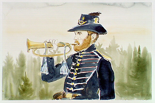 American soldier sounding reveille at 6:30 in the morning at the American Camp.