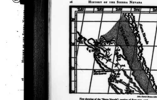 Map showing the first labeling of Sierra Nevada from the Font map (1776). Copied from Farquhar's History of the Sierra Nevada, p. 16. Copied by Michael Dixon.