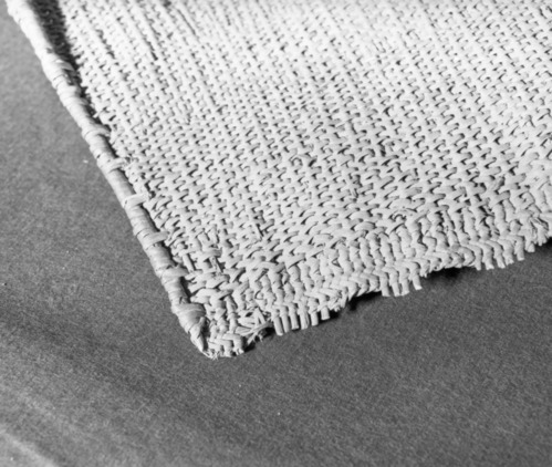 Private Collection. Object: Costanoan basket, interior. Dimensions: 56 x 43 cm. Materials: sedgeroot, equisetum root, unidentified shoots, rimstick unid. (red bark). Technology: starts with one row of plain twining, up to right slant of turns, then row of bound weave, three rows of plain twining with alternate slants of turns, body of basket in diagonal twining, with one row of plain twining 13 cm from start, wrapped and stitched rim finish. Photographed by Michael Dixon. Catalogued by Craig Bates and Barbara Beroza. Yosemite Collections, National Park Service.