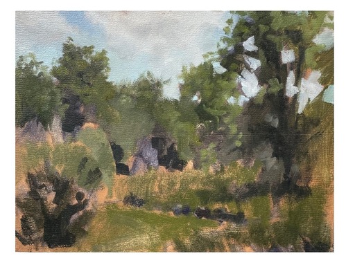 A painting of a meadow with green and orange grass.