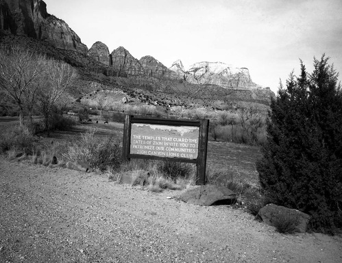 Interpretive sign prepared and erected by the Zion Canyon Lion's Club at an important viewpoint on approach to Zion National Park.