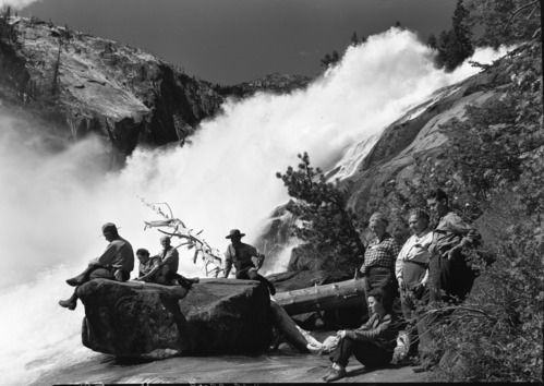 Group at Waterwheel Falls. Left to right: Howard Cofer, Nat.; Miss Kittredge; Mrs. F. Kittredge; Mary Gage; Louis Clark, Ranger; Frank Kittredge; Carol Brockman; Ranger MacIntyre.