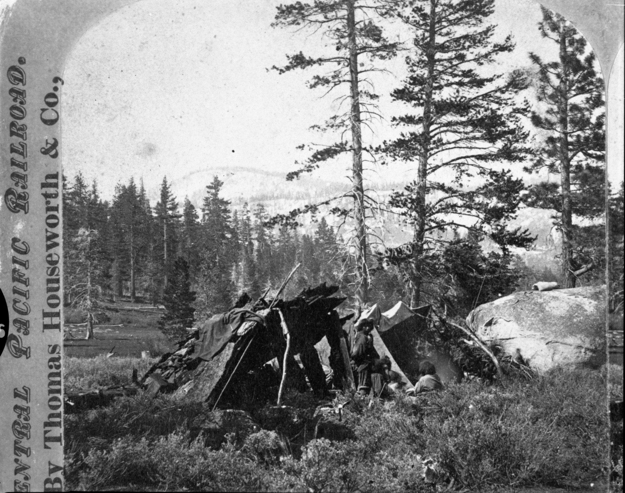 Copy Neg: Michael Dixon, July 24,1985. Detail of L. Smaus stereo (RL-16,585). Central Pacific Railroad. Handwritten on back of card: "Class No. Y; Indian Huts in Summer in the Sierra Nevada Mts."