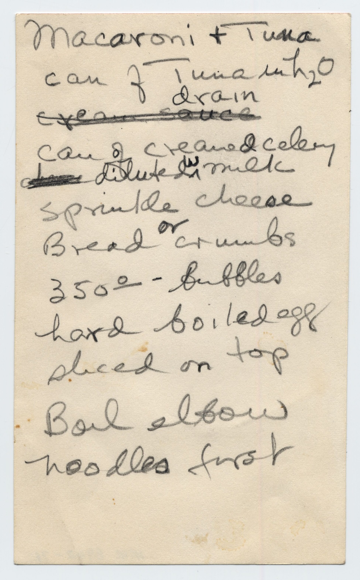 A recipe written in pencil on a note card.