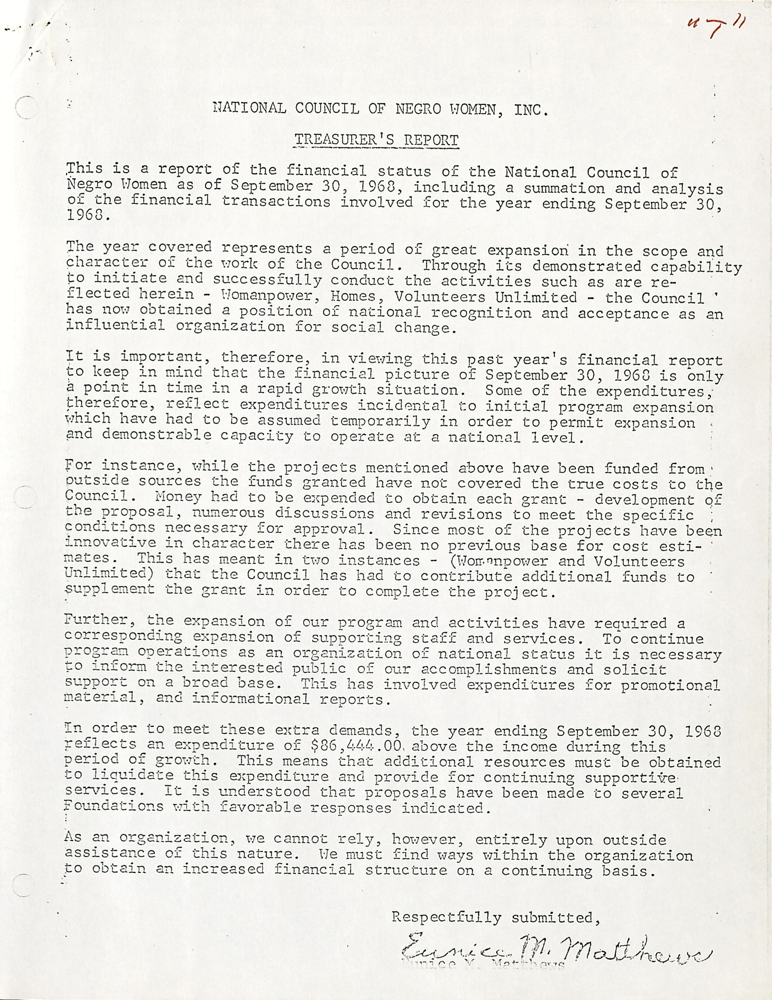 National Council of Negro Women Inc Treasurers Report