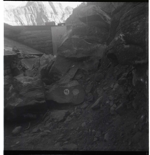 BW photo of rock slide in the maintenance yard.