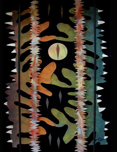 collage of hand-shaped prints and an eye