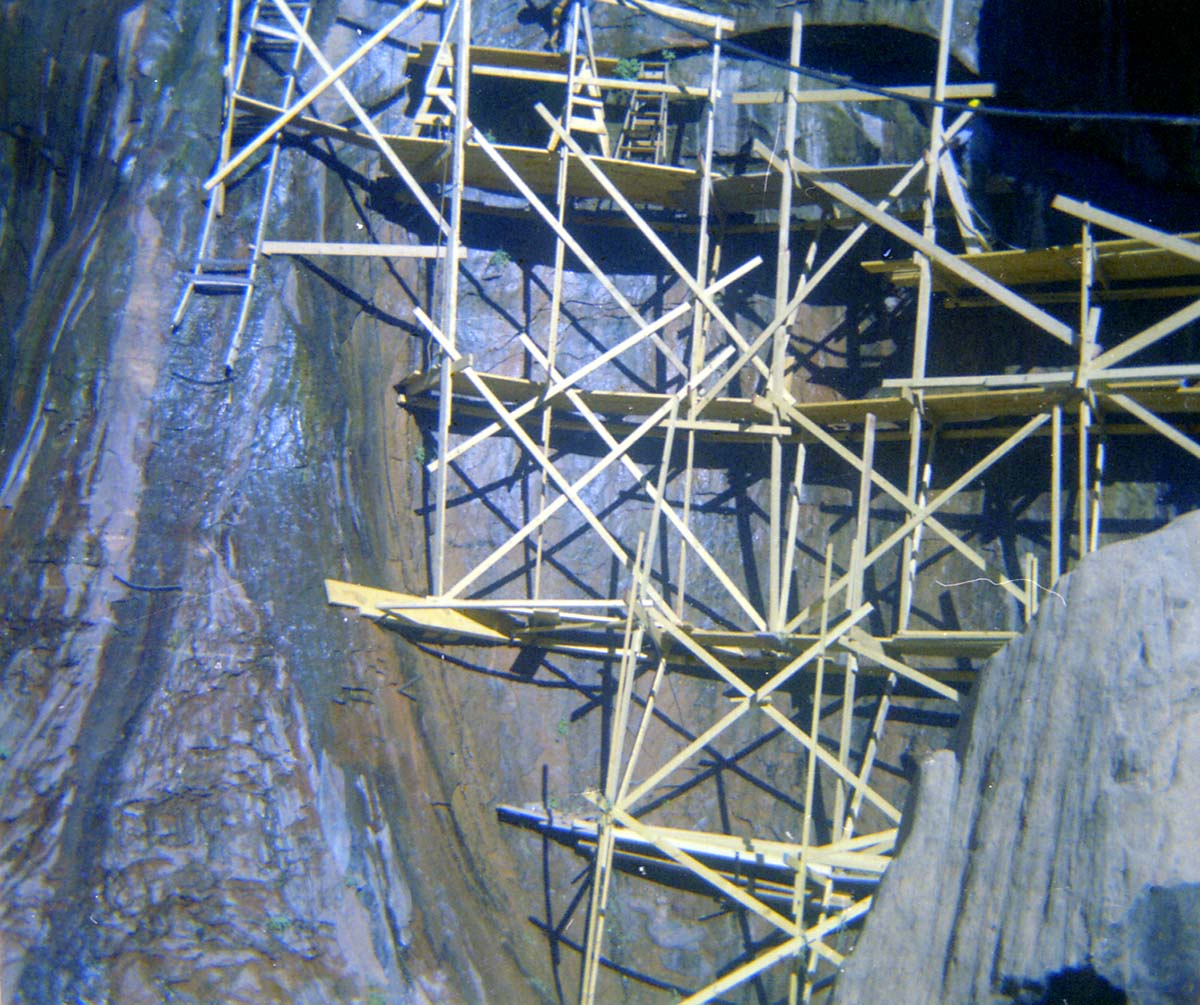 Scaffolding construction and use at the Temple of Sinawava during a spring project.