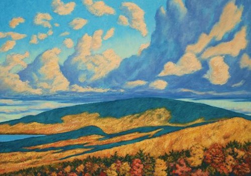 oil painting of clouds over a forest and hill landscape