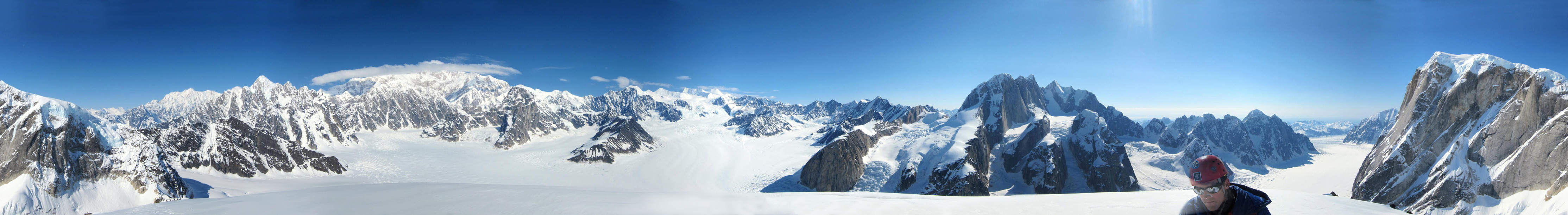 landscape of snowy glaciers and snow-covered, rugged mountains