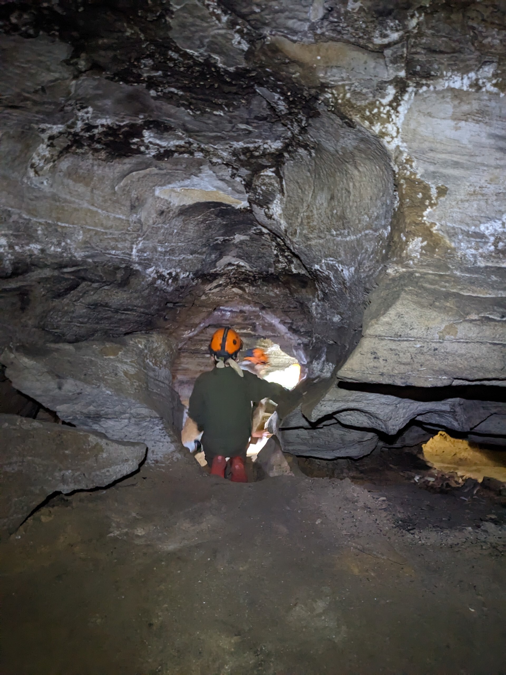 Rear view of tour participants walking through cave passageway.