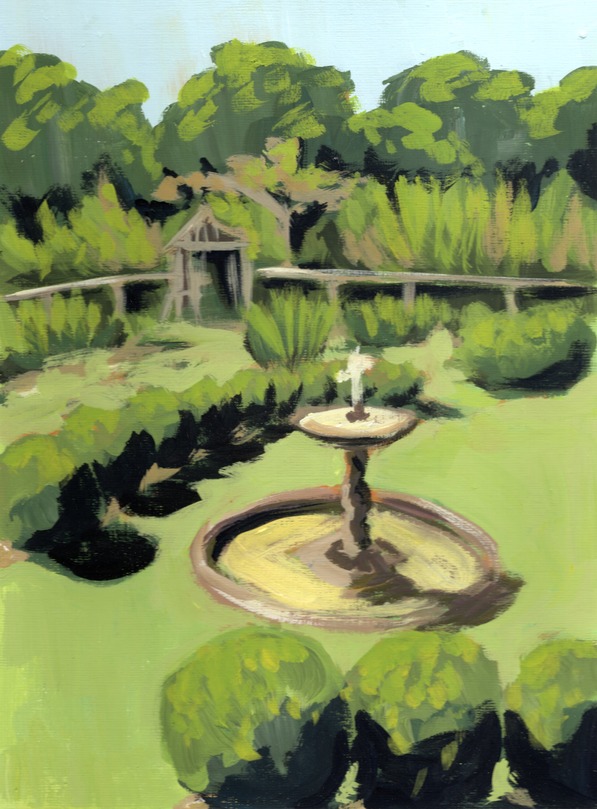 A painting of a fountain in a fenced in garden with several hedges and plants.