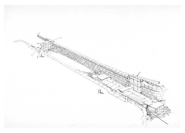 This illustration shows the canal boat having being raised to the same level as the upstream canal. The lower gate is opened and the canal boat proceeds on to the upper level of the canal.