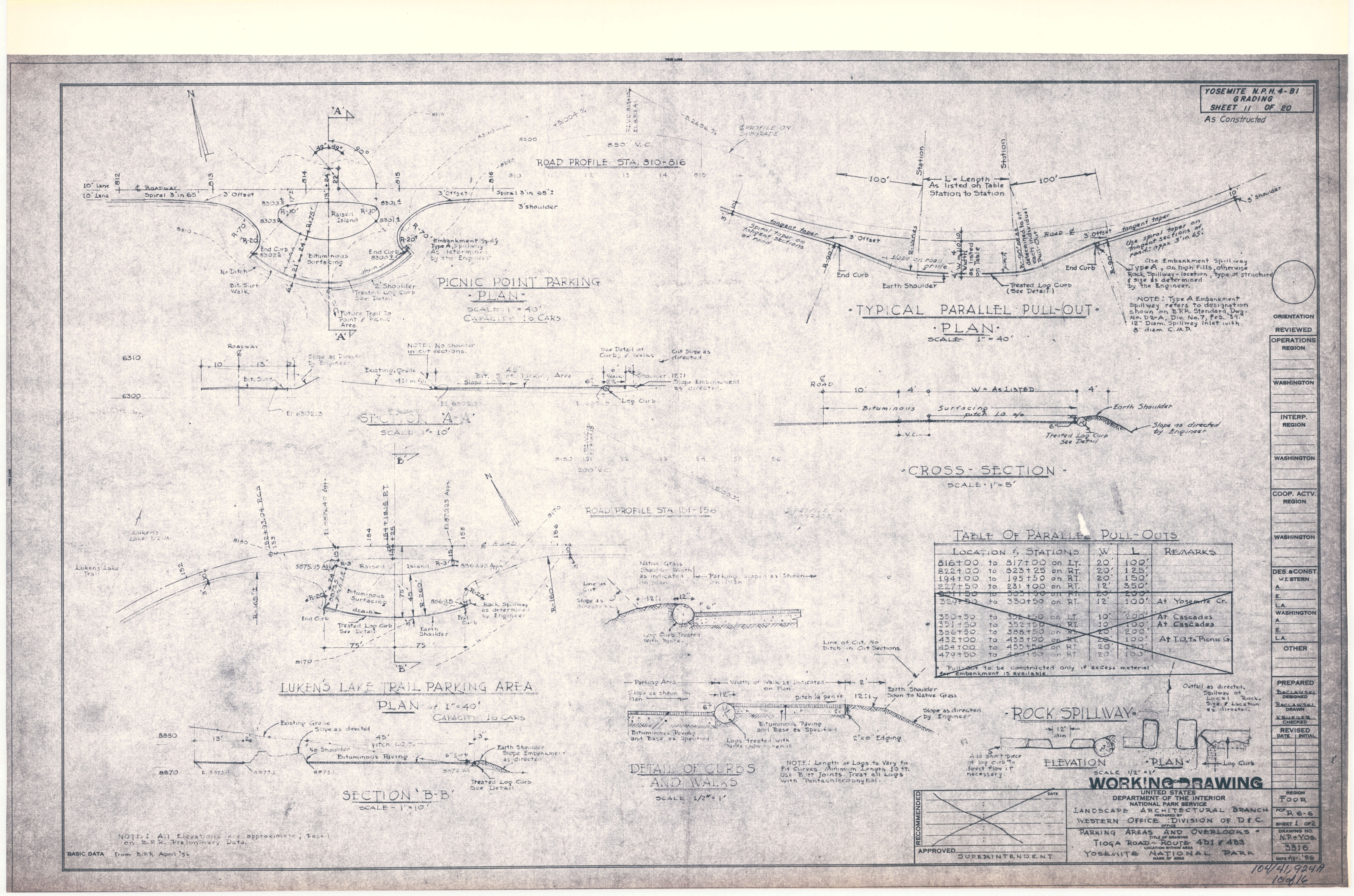 Working Drawing Parking Areas and Overlooks Tioga Road