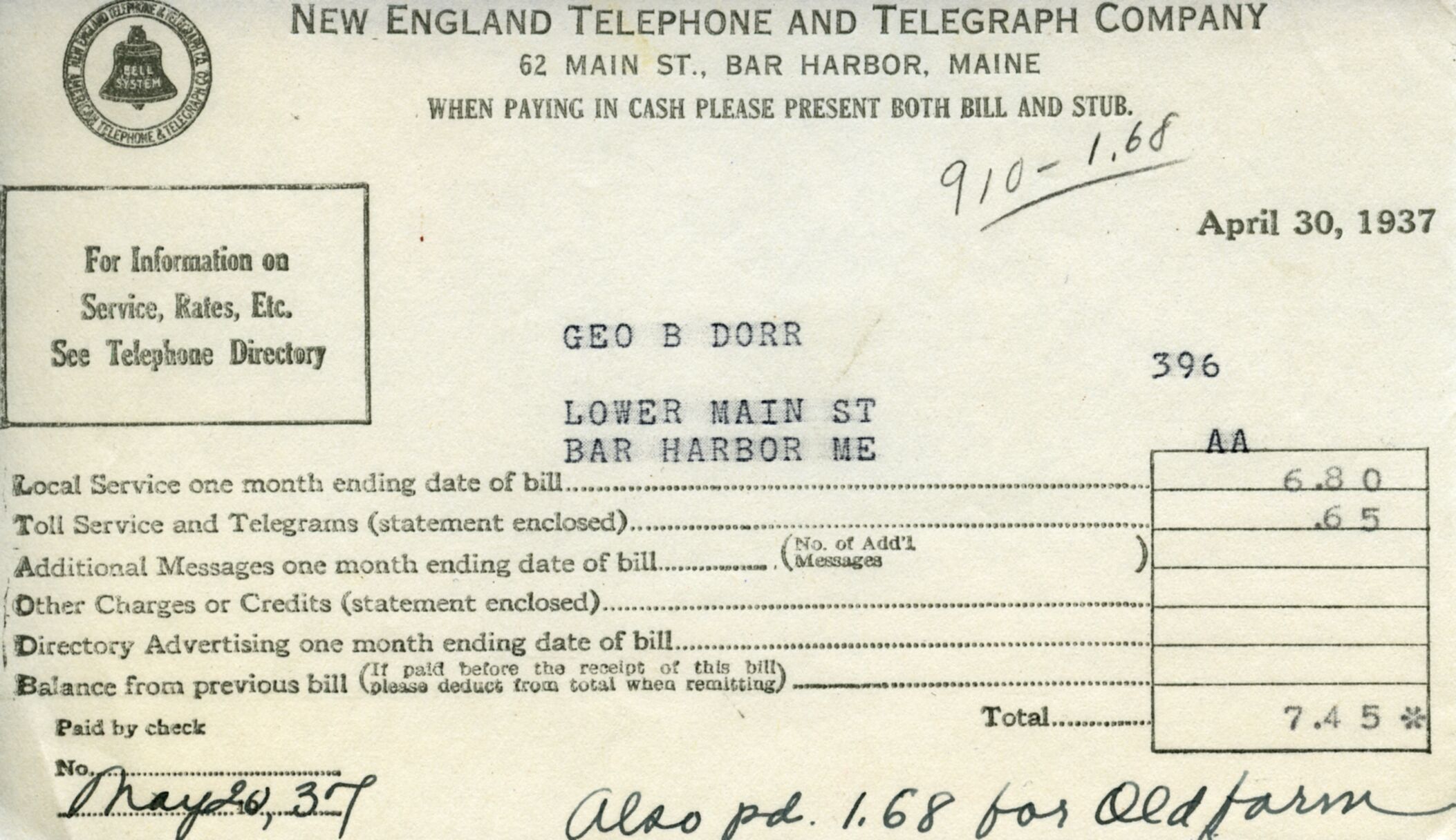 Receipt, New England Telephone to Dorr, May 20, 1937.tif