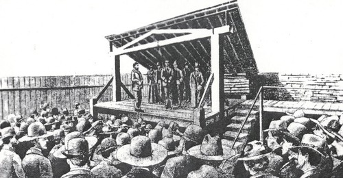 Drawing of the execution of Crawford Goldsby, alias Cherokee Bill, March 17, 1896.