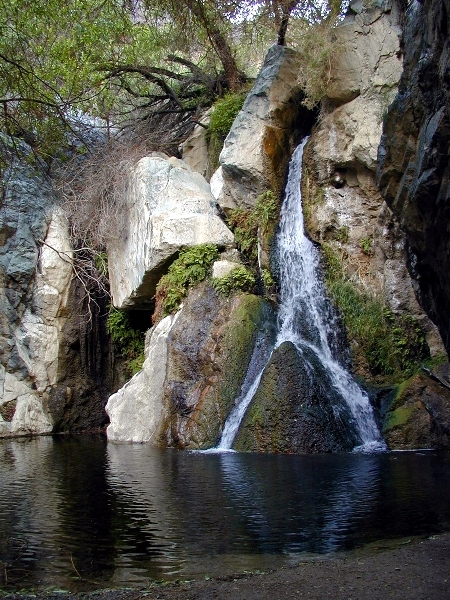 A waterfall flows down rocks with lush green vegetation around it