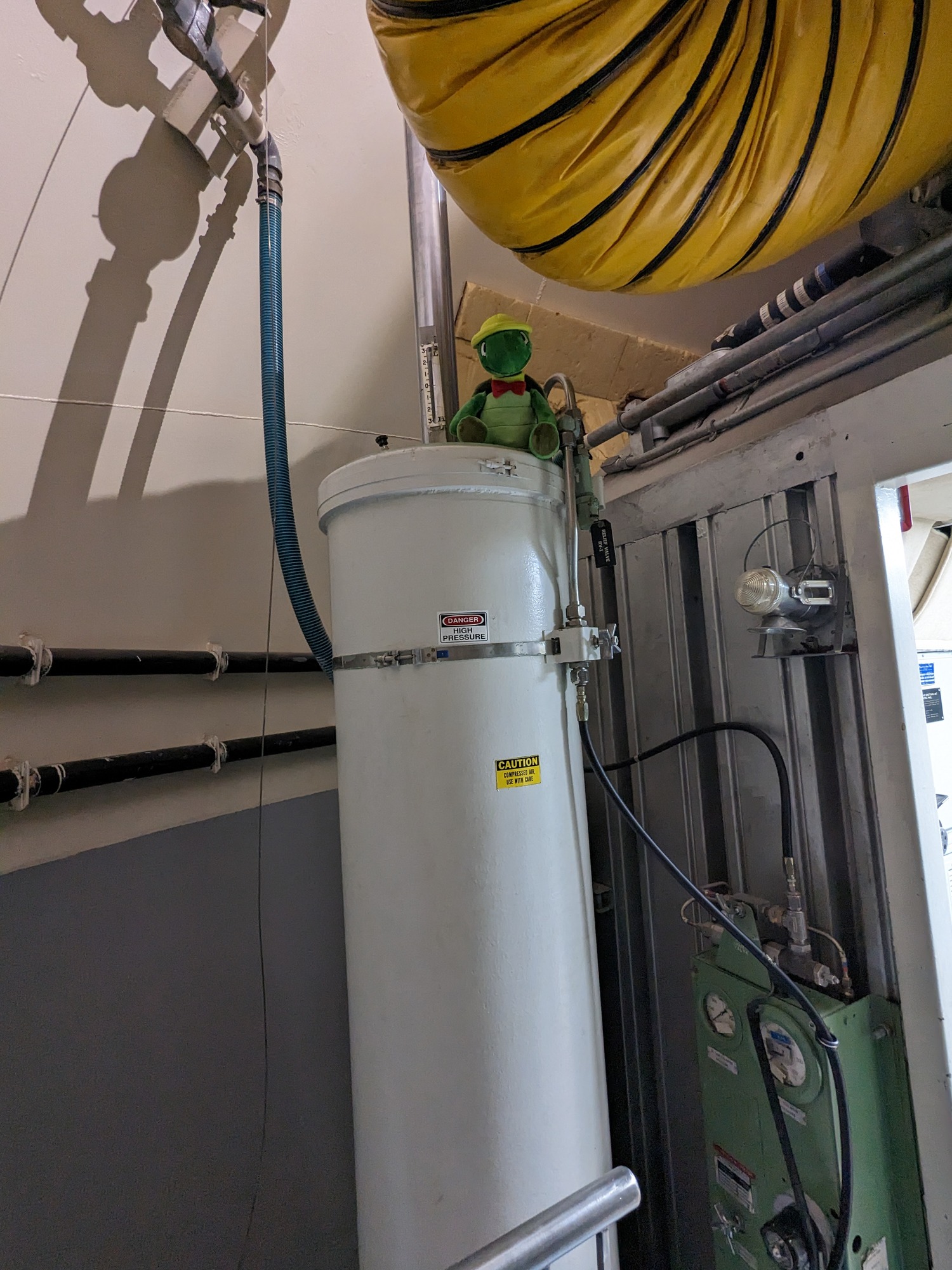 Plush green turtle sits on top of a long white cylinder hanging from the ceiling. 