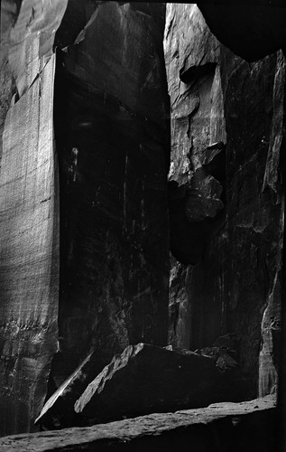 B&W negative of rock fall in Zion-Mt. Carmel Highway tunnel portal. [second image and positive
