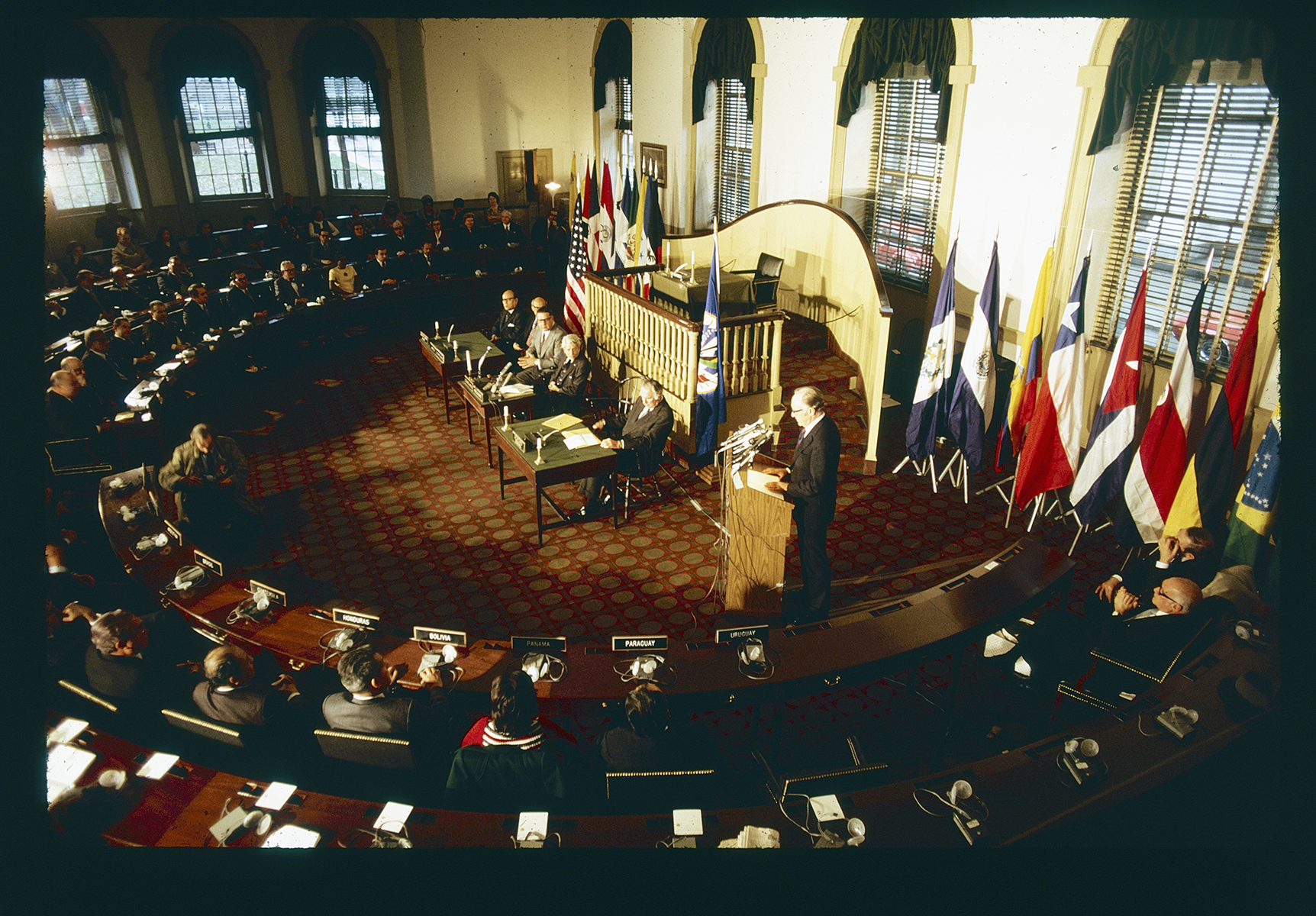 Congress Hall. Interior. 1st floor, House chamber. Looking down southwest. US Secretary of State William P. Rogers visiting Philadelphia and giving address for the 150th anniversary of diplomatic relations between the US and Latin America.