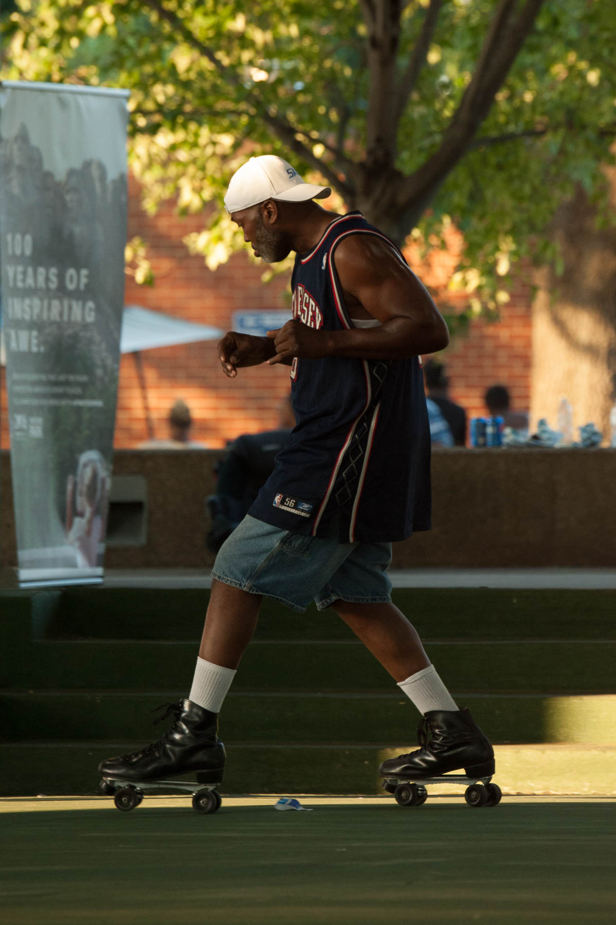 A visitor skates around the pavilion. 