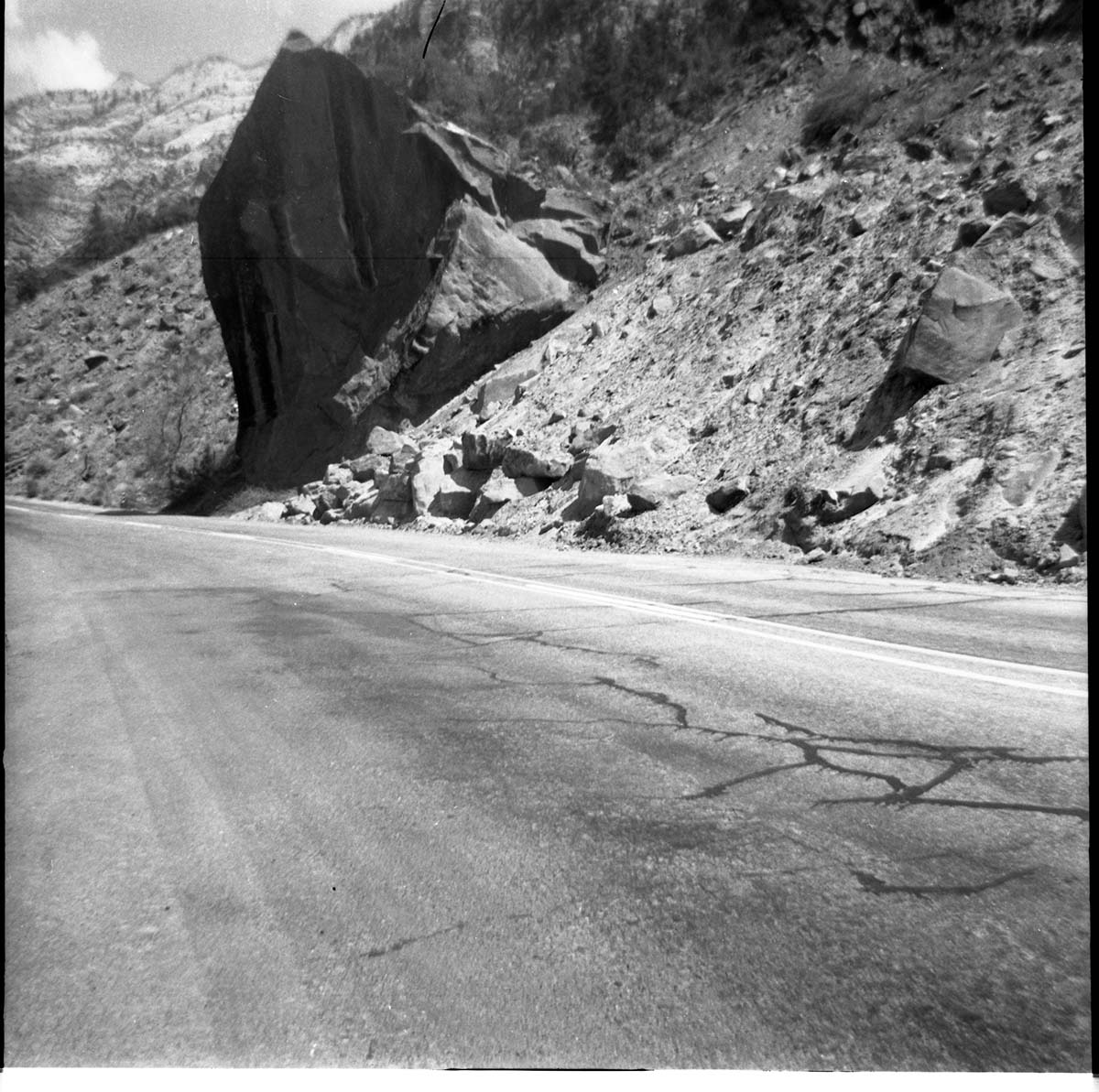 BW photo of rock slide near Echo Rock - 2.5" x 2.5".
