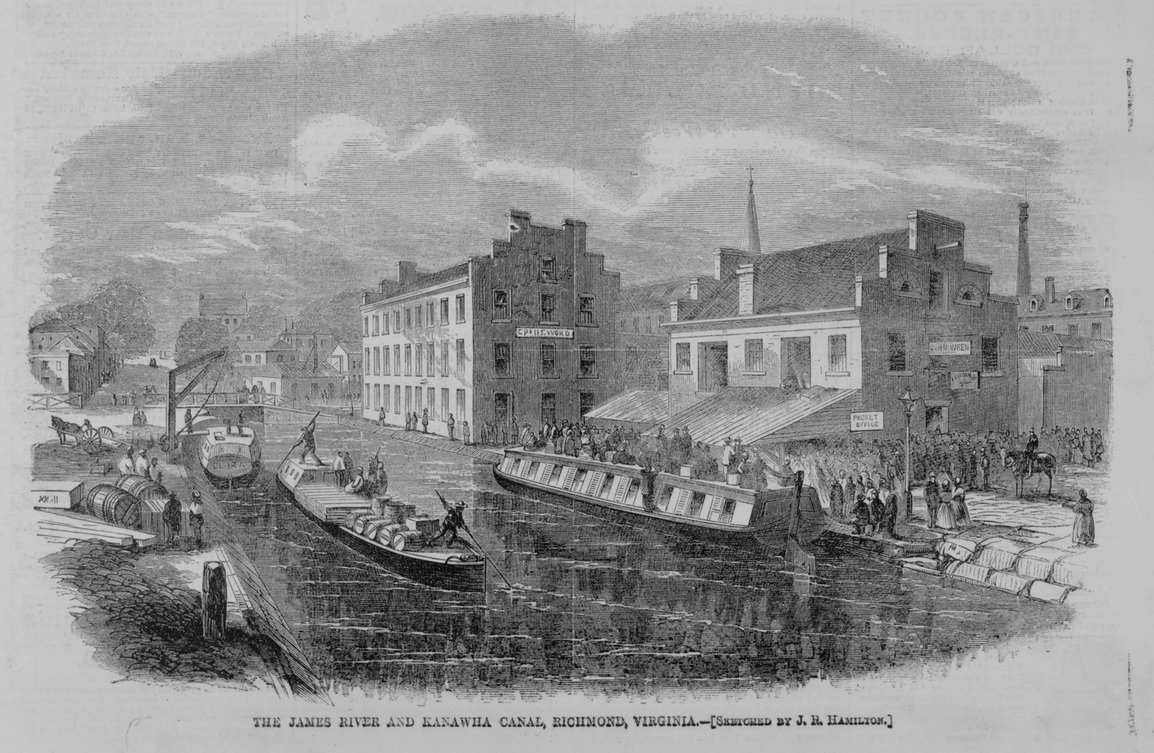 Sketch of passenger and cargo boats on the James River and Kanawha Canal in Richmond, VA