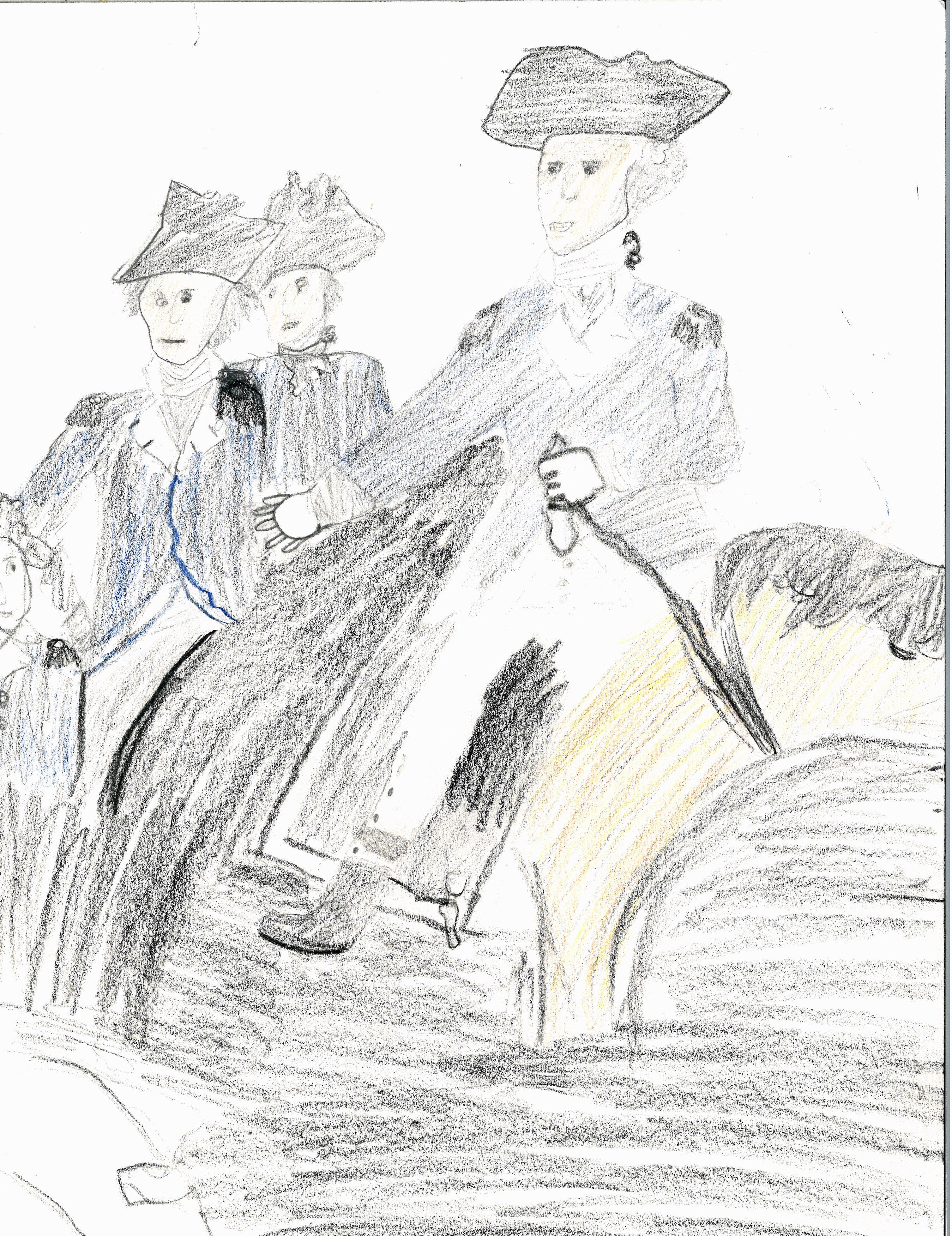 Crayon drawing of three 18th century military officers on horseback.