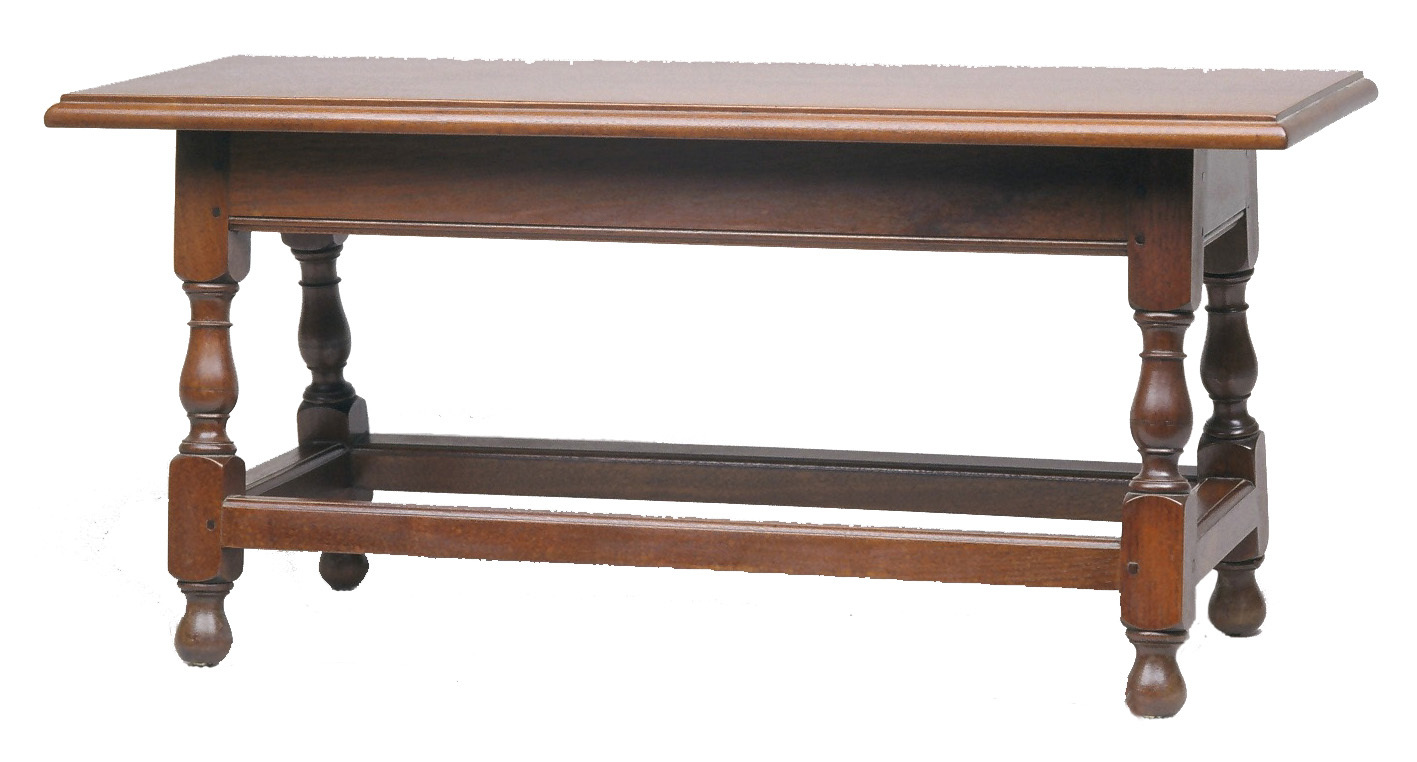 A low bench with rectangular seat and four turned legs joined by stretchers.