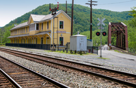 railroad depot, bridge, and RR tracks