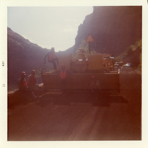 Men taking a break during chipsealing of Zion roads.