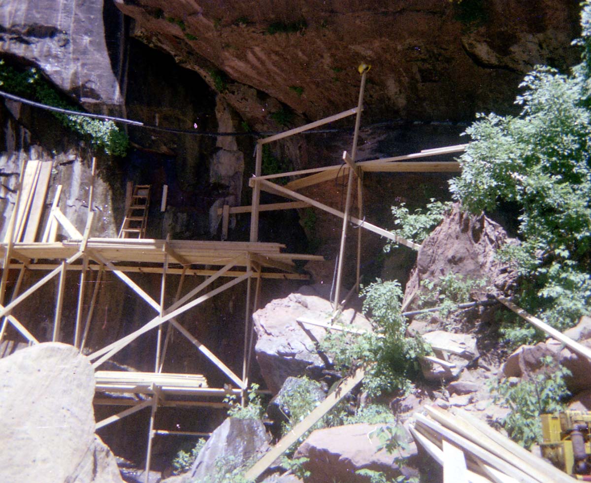 Scaffolding construction and use at the Temple of Sinawava during a spring project.
