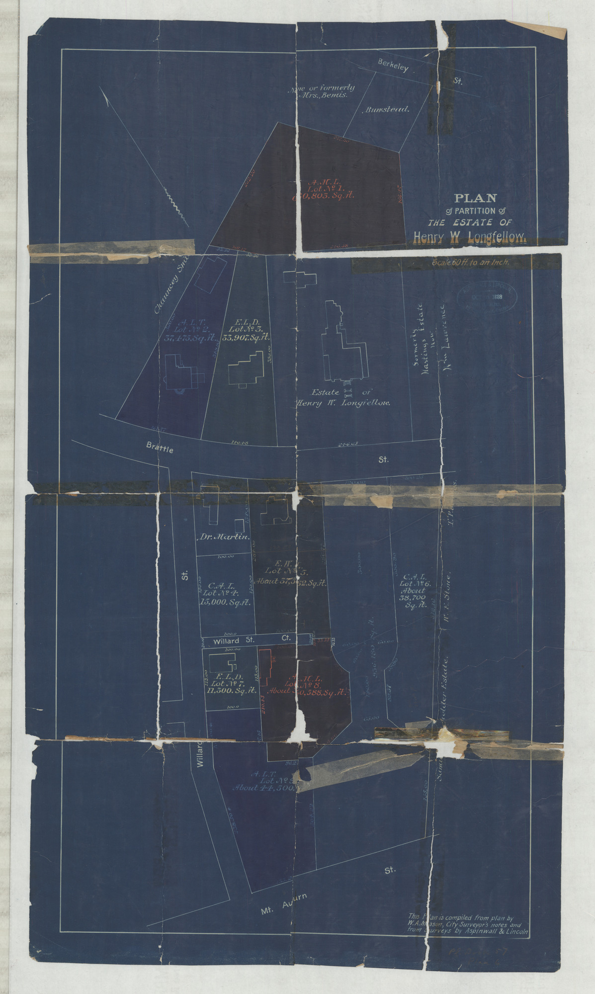 Ripped and damaged blueprint with sections indicating each lot's acronym, number, square footage, and measurements
